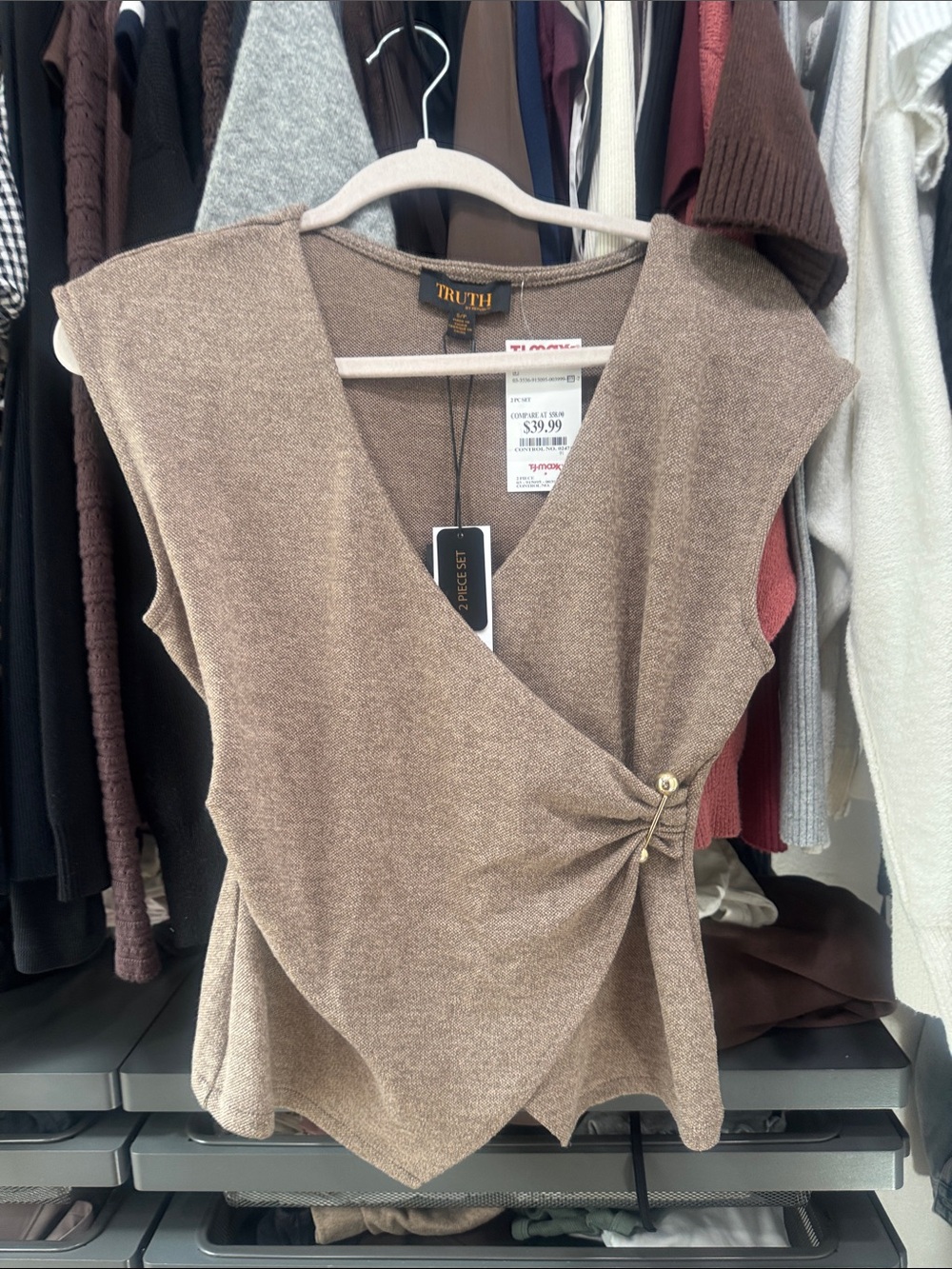 Truth Brown Wrap-Style Knit Top with Gold Accent